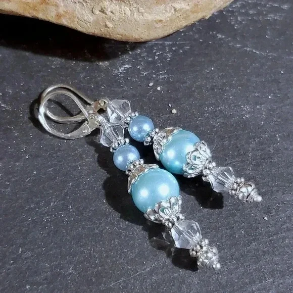 Light Blue Glass Pearl Sterling Silver Plated Handcrafted Dangle Earrings - Picture 9 of 11